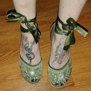 Green lace up Espadrilles wedge